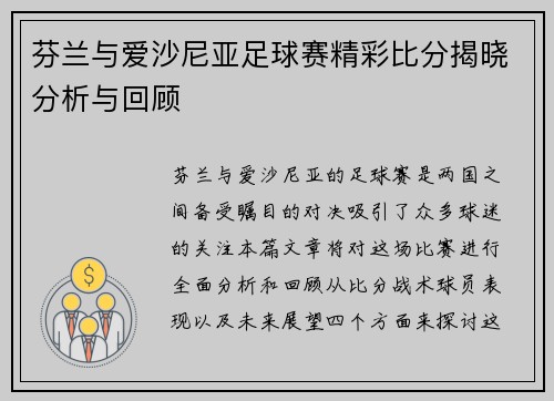 芬兰与爱沙尼亚足球赛精彩比分揭晓分析与回顾